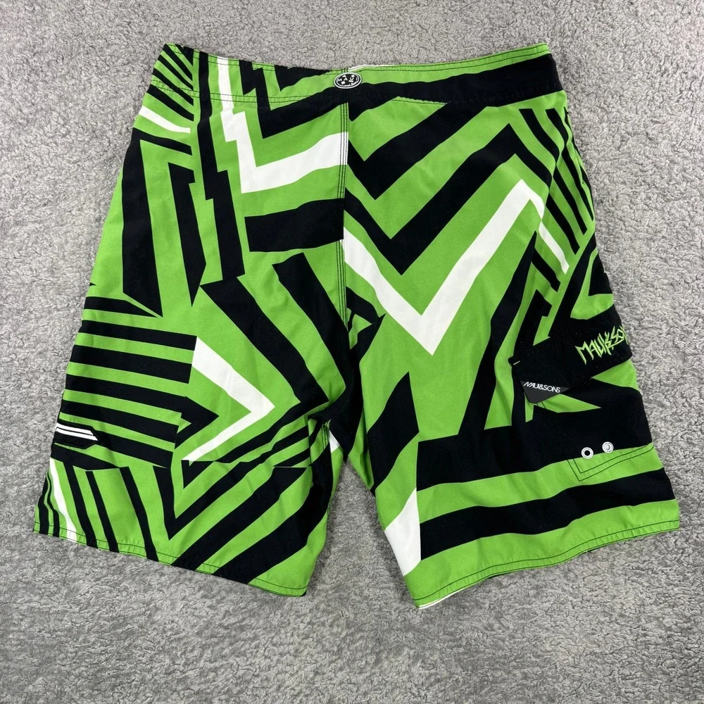 Maui and Sons Mens Size 36 Green Black Geometric Dazzle Board Shorts Swim Trunks